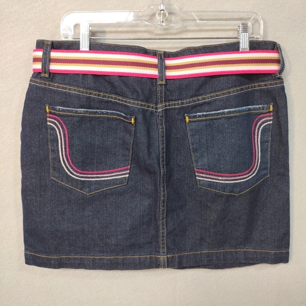 Y2K Denim Skirt VTG Women 12 Belted Embroidered Pockets Pink Blue Tommy Hilfiger